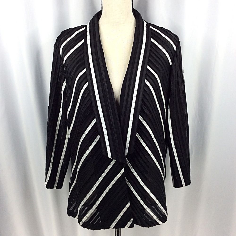 Chicos 2 Ribbon Blazer Jacket Women's Size Large 12 Black White Open Front